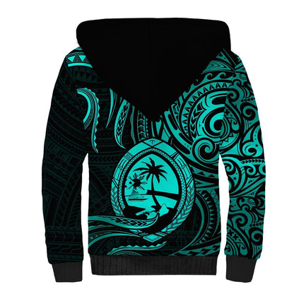 Polynesian Guam Sherpa Hoodie With Polynesian Tribal Tattoo and Coat of Arms Turquoise Version