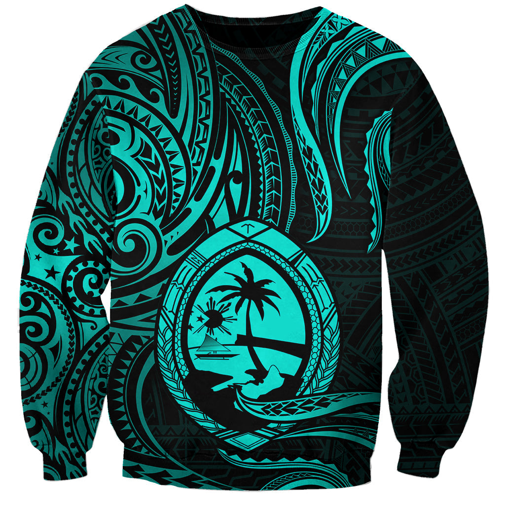 Polynesian Guam Sweatshirt With Polynesian Tribal Tattoo and Coat of Arms Turquoise Version