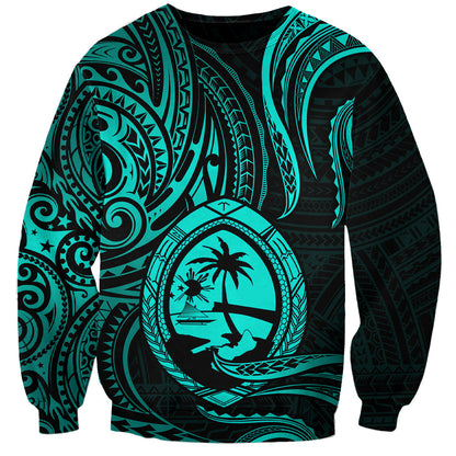 Polynesian Guam Sweatshirt With Polynesian Tribal Tattoo and Coat of Arms Turquoise Version