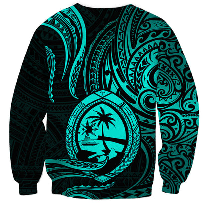 Polynesian Guam Sweatshirt With Polynesian Tribal Tattoo and Coat of Arms Turquoise Version