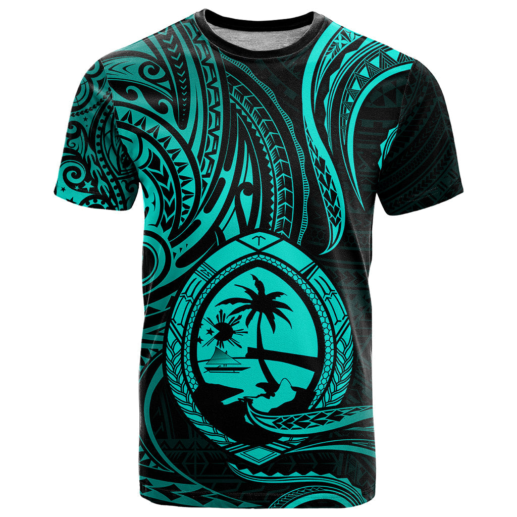 Polynesian Guam T Shirt With Polynesian Tribal Tattoo and Coat of Arms Turquoise Version