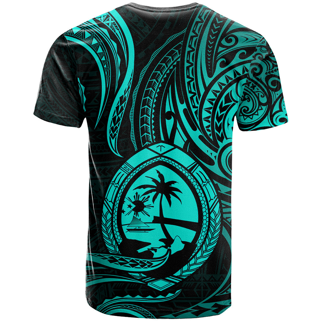 Polynesian Guam T Shirt With Polynesian Tribal Tattoo and Coat of Arms Turquoise Version