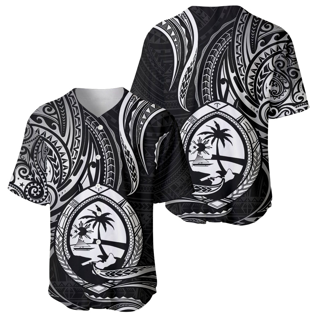 Polynesian Guam Baseball Jersey With Polynesian Tribal Tattoo and Coat of Arms Black Version