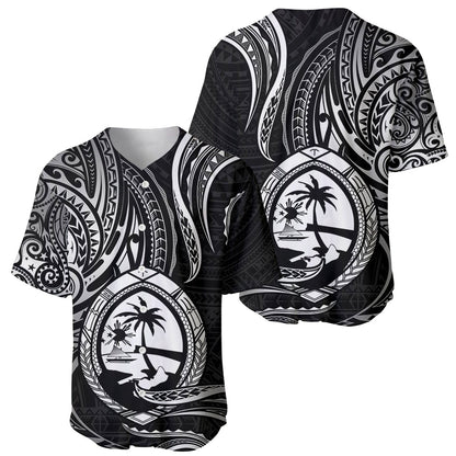 Polynesian Guam Baseball Jersey With Polynesian Tribal Tattoo and Coat of Arms Black Version