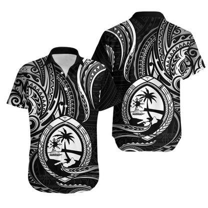 Polynesian Guam Hawaiian Shirt With Polynesian Tribal Tattoo and Coat of Arms Black Version