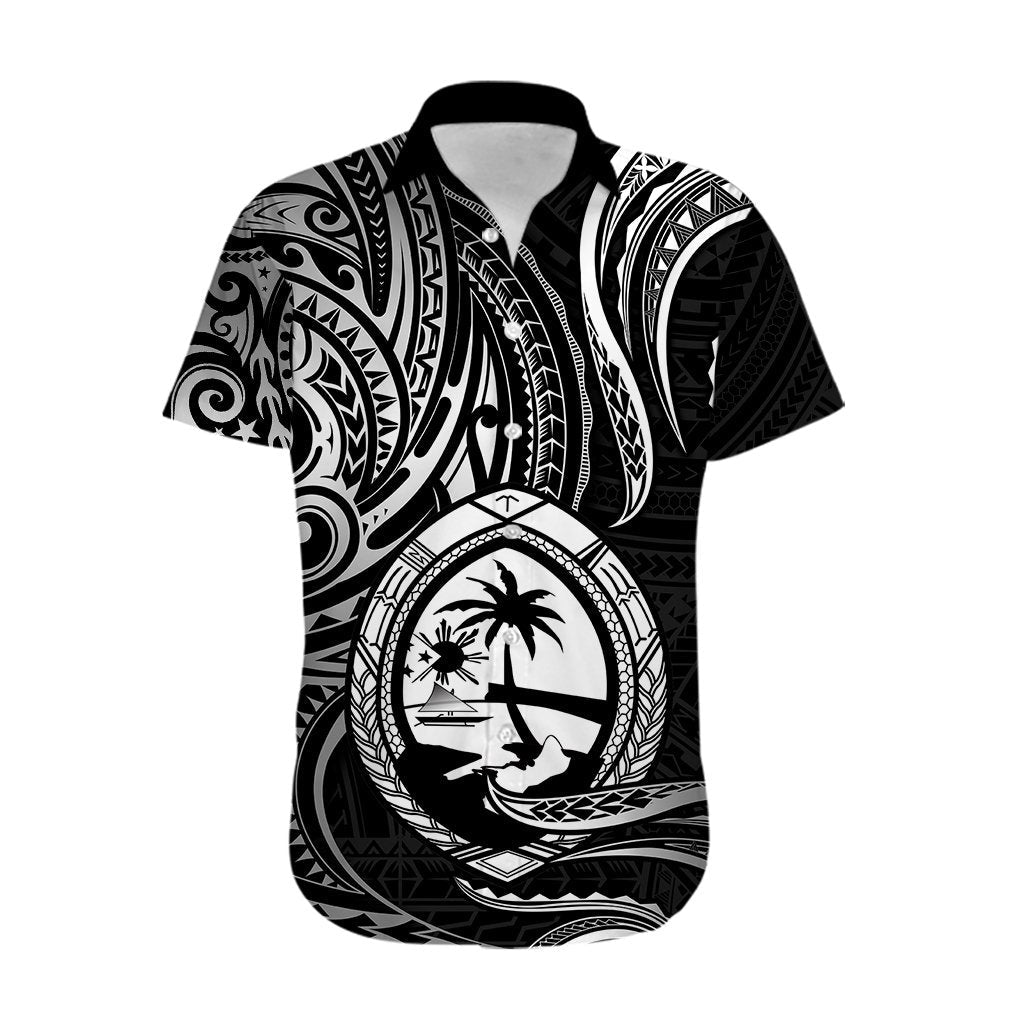 Polynesian Guam Hawaiian Shirt With Polynesian Tribal Tattoo and Coat of Arms Black Version