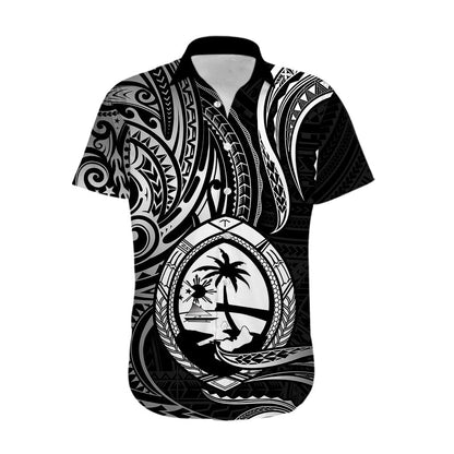 Polynesian Guam Hawaiian Shirt With Polynesian Tribal Tattoo and Coat of Arms Black Version