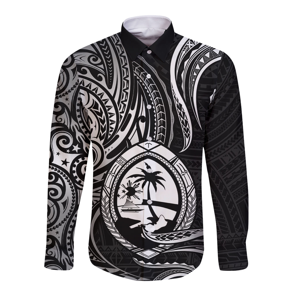 Polynesian Guam Long Sleeve Button Shirt With Polynesian Tribal Tattoo and Coat of Arms Black Version