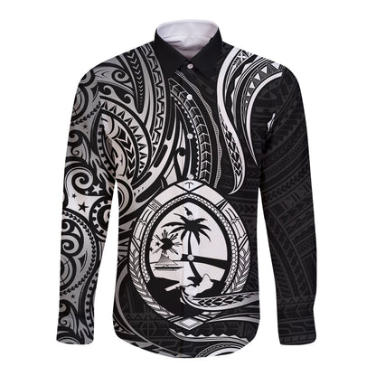 Polynesian Guam Long Sleeve Button Shirt With Polynesian Tribal Tattoo and Coat of Arms Black Version