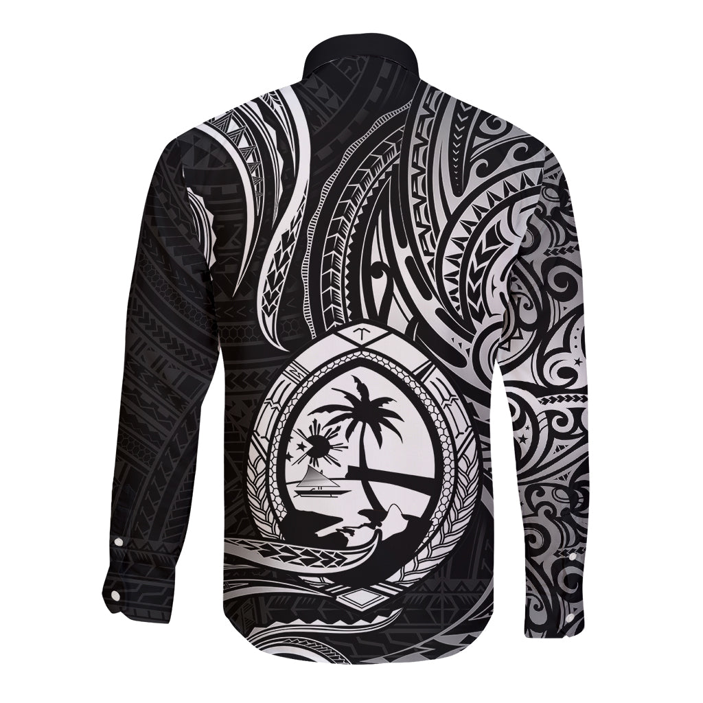 Polynesian Guam Long Sleeve Button Shirt With Polynesian Tribal Tattoo and Coat of Arms Black Version