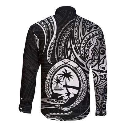 Polynesian Guam Long Sleeve Button Shirt With Polynesian Tribal Tattoo and Coat of Arms Black Version