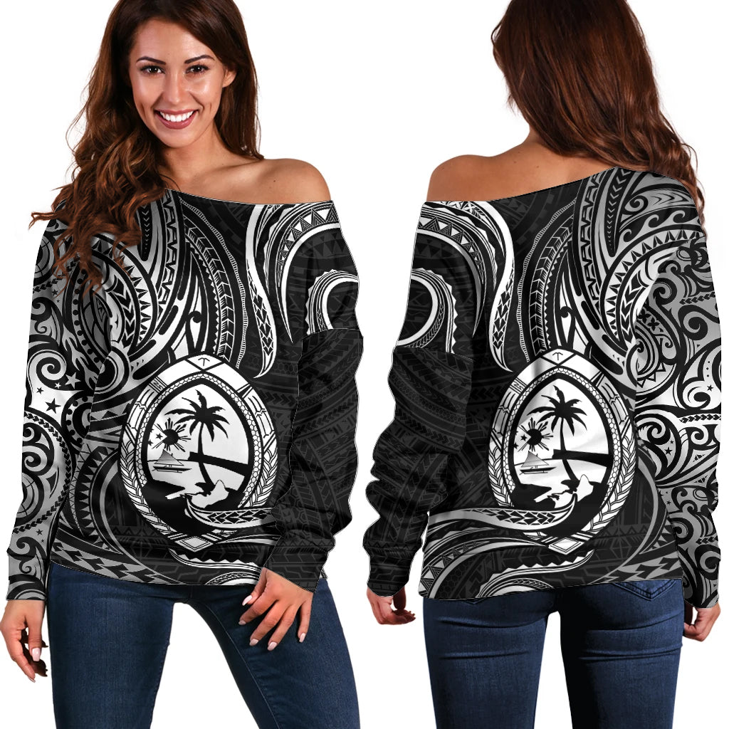 Polynesian Guam Off Shoulder Sweater With Polynesian Tribal Tattoo and Coat of Arms Black Version