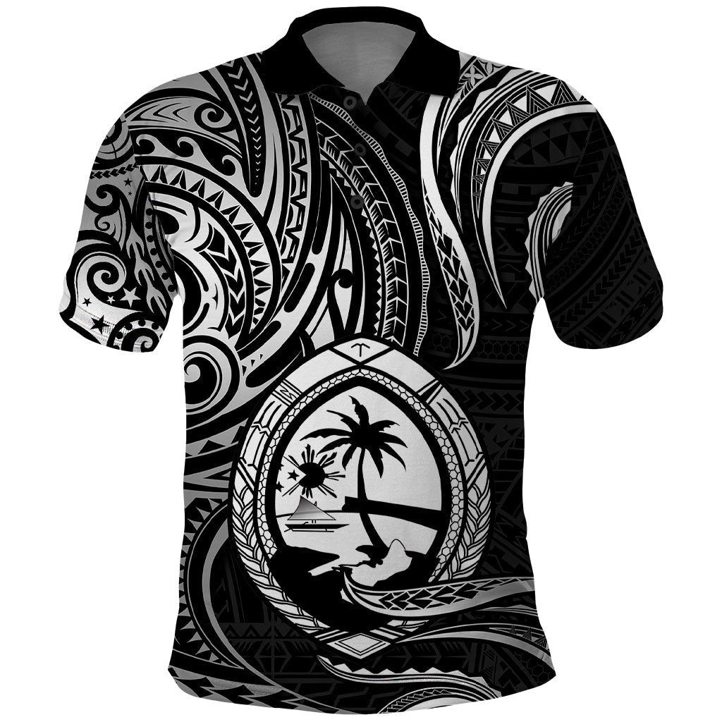 Polynesian Guam Polo Shirt With Polynesian Tribal Tattoo and Coat of Arms Black Version