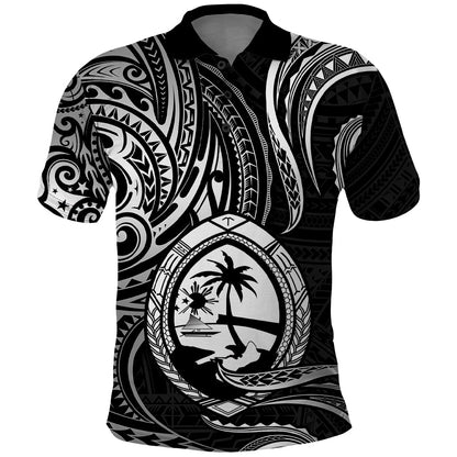 Polynesian Guam Polo Shirt With Polynesian Tribal Tattoo and Coat of Arms Black Version