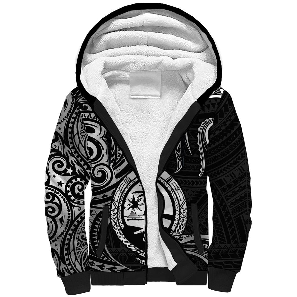 Polynesian Guam Sherpa Hoodie With Polynesian Tribal Tattoo and Coat of Arms Black Version