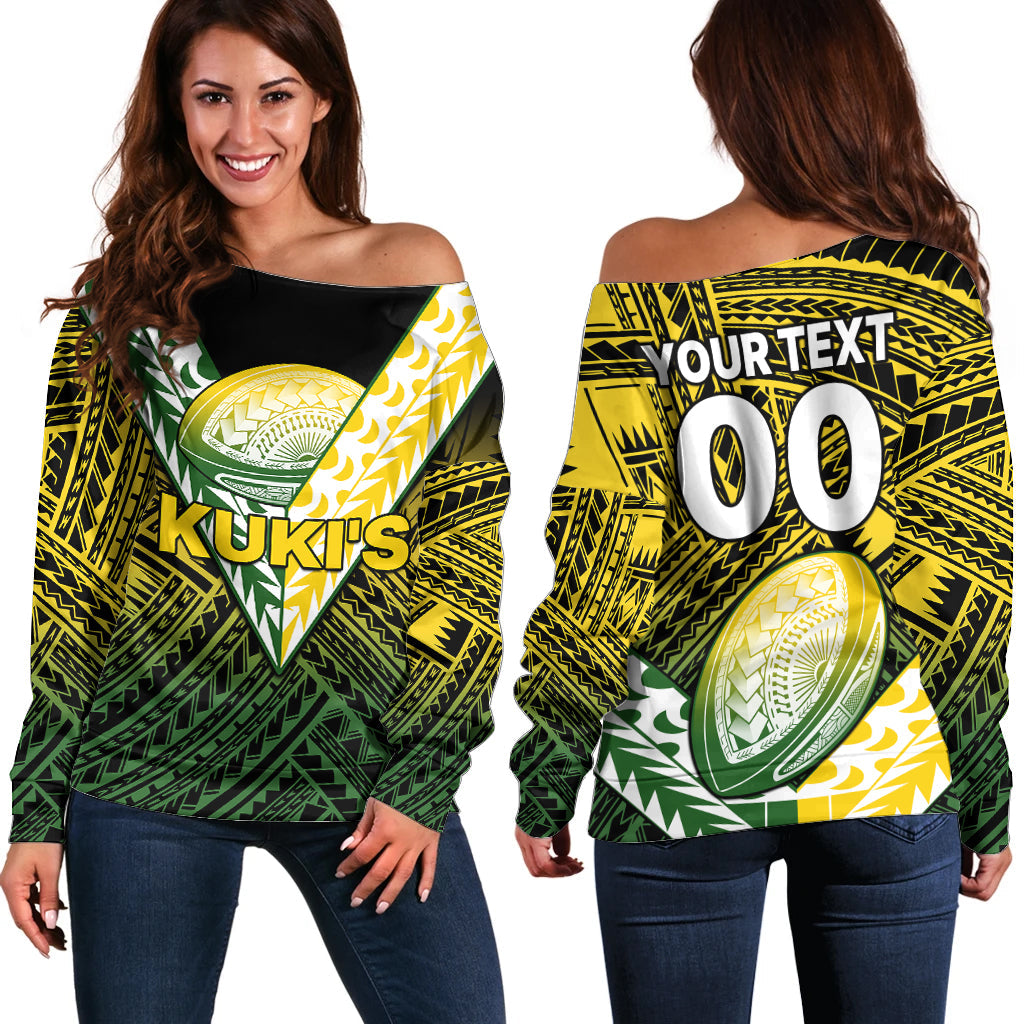 (Custom Text And Number) The Kuki's Cook Islands Rugby Off Shoulder Sweater Be Unique Vibe Black