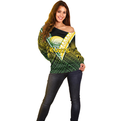 (Custom Text And Number) The Kuki's Cook Islands Rugby Off Shoulder Sweater Be Unique Vibe Black