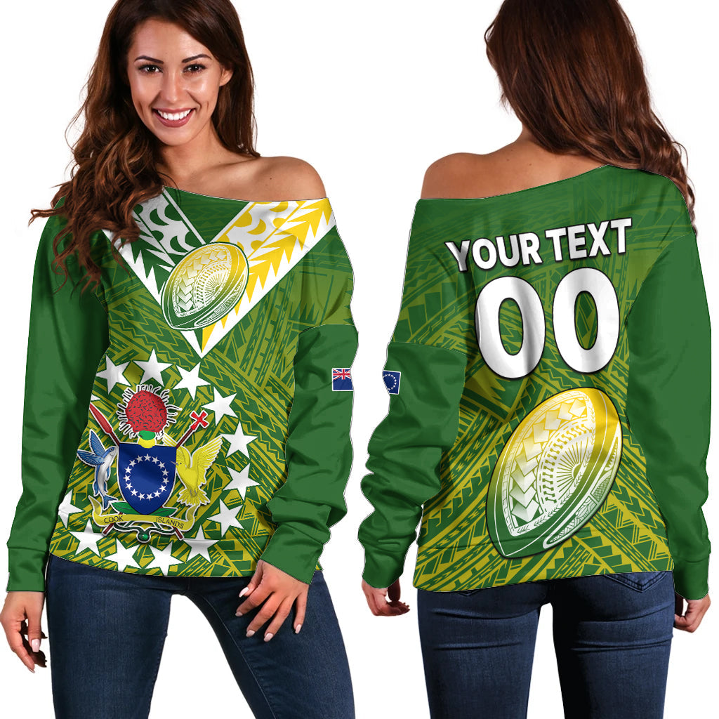 (Custom Text And Number) The Kuki's Cook Islands Rugby Off Shoulder Sweater Be Unique Vibe Green