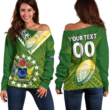 (Custom Text And Number) The Kuki's Cook Islands Rugby Off Shoulder Sweater Be Unique Vibe Green