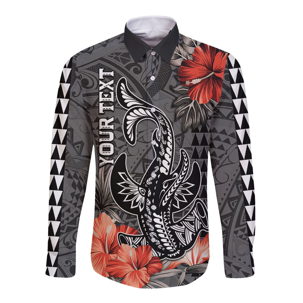 Personalised Hawaii Hammerhead Shark Long Sleeve Button Shirt Polynesian Vintage Vibes