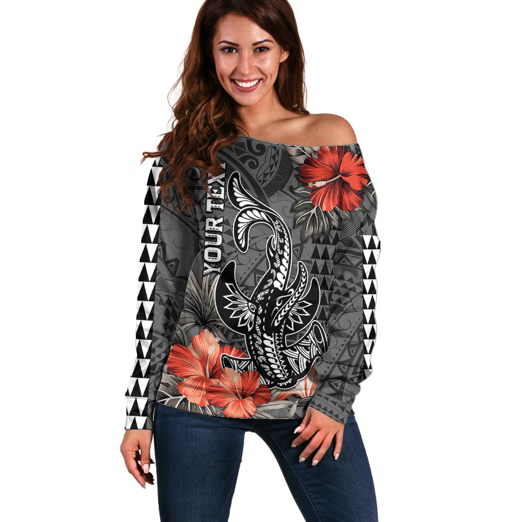 Personalised Hawaii Hammerhead Shark Off Shoulder Sweater Polynesian Vintage Vibes
