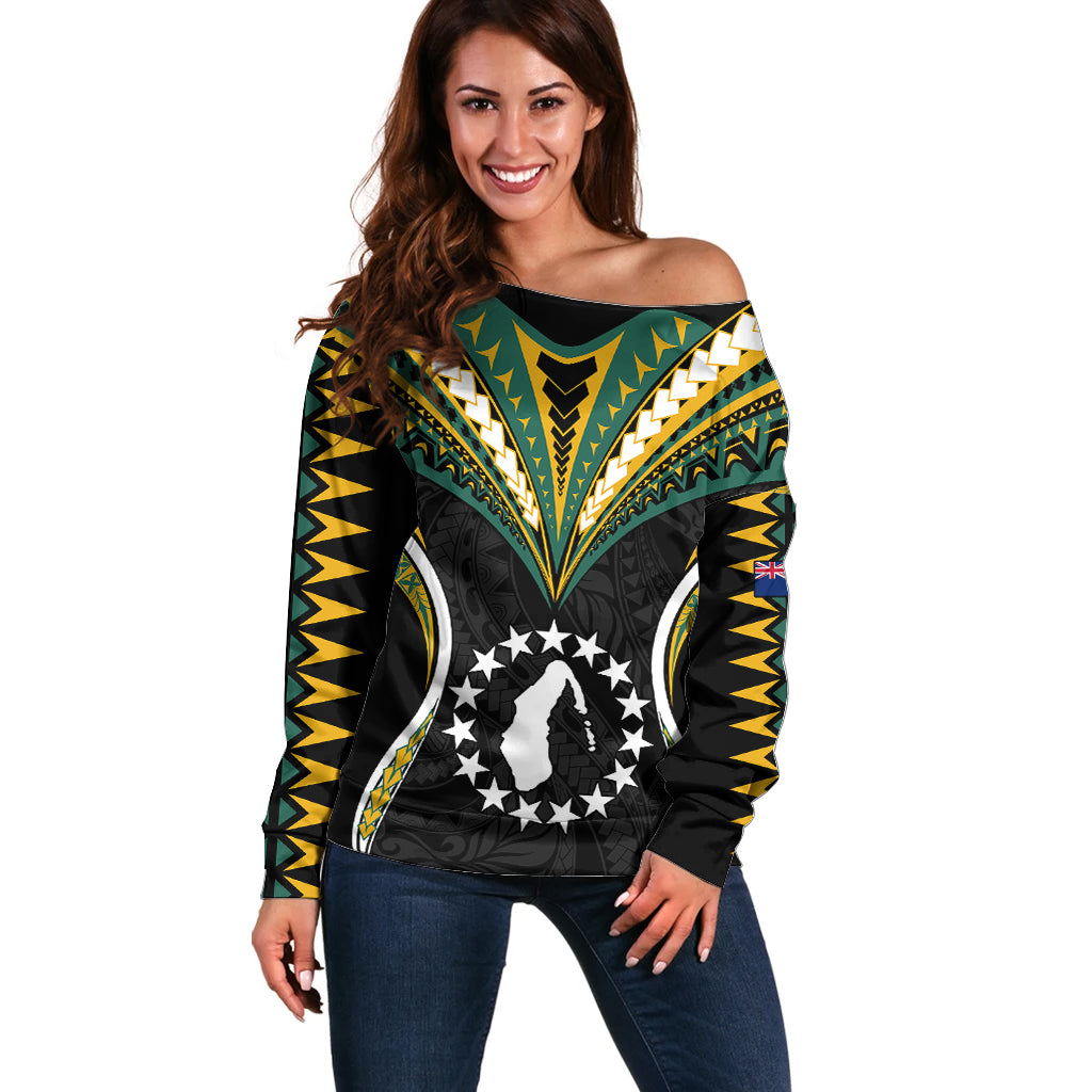 Polynesian Aitutaki Island Off Shoulder Sweater Cook Islands Tribal Wave Style