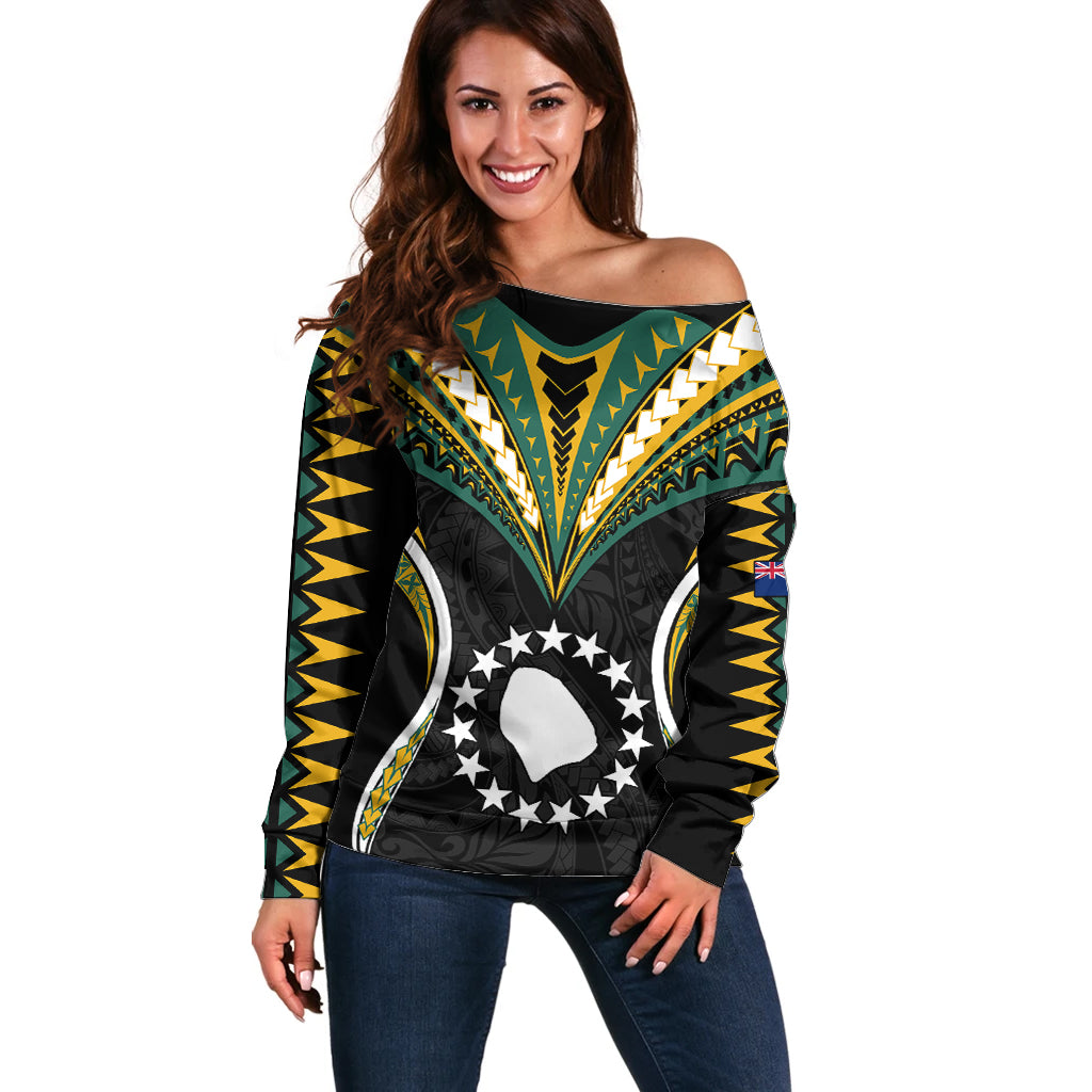 Polynesian Atiu Island Off Shoulder Sweater Cook Islands Tribal Wave Style