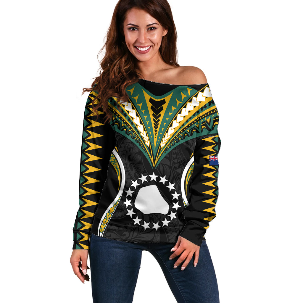 Polynesian Mangaia Island Off Shoulder Sweater Cook Islands Tribal Wave Style