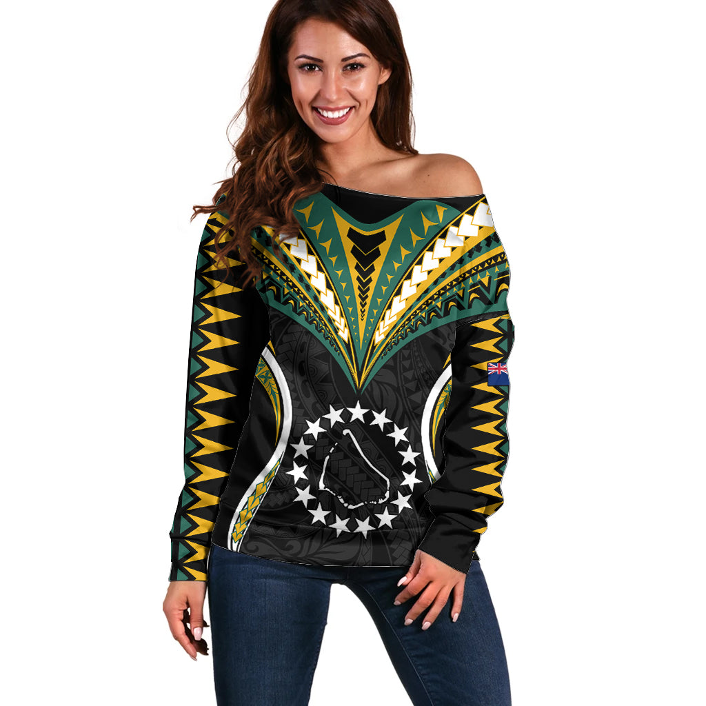 Polynesian Manihiki Island Off Shoulder Sweater Cook Islands Tribal Wave Style