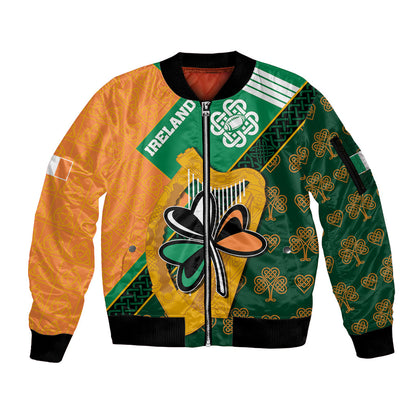 Custom Ireland Rugby Sleeve Zip Bomber Jacket Go Irish Shamrock World Cup