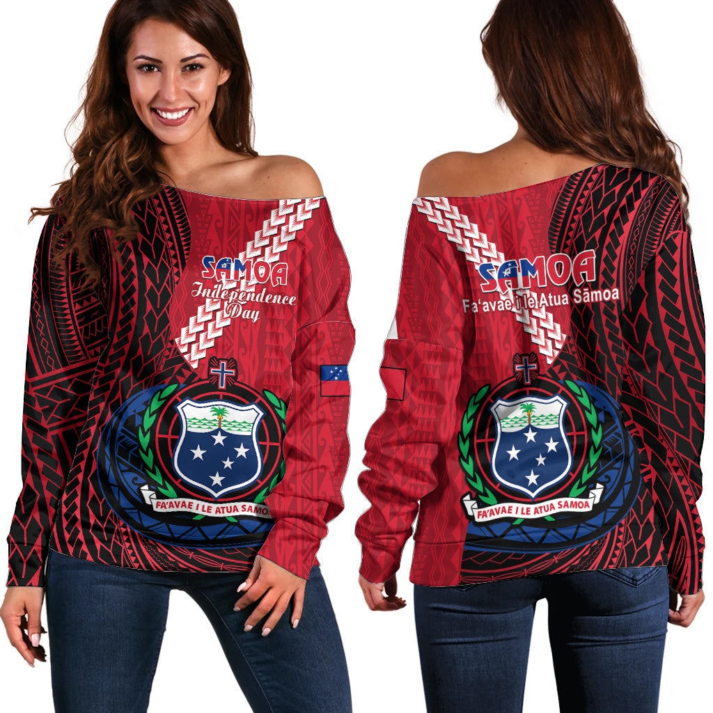 Samoa Off Shoulder Sweater Happy Independence Day Samoan Red Pattern