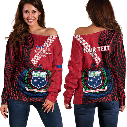 (Custom Personalised) Samoa Off Shoulder Sweater Happy Independence Day Samoan Red Pattern
