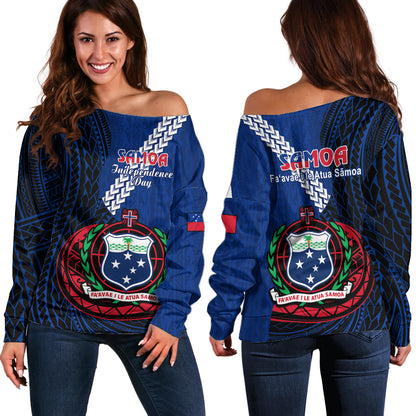 Samoa Off Shoulder Sweater Happy Independence Day Samoan Blue Pattern