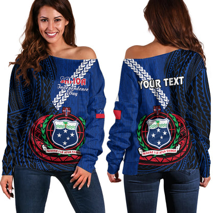 (Custom Personalised) Samoa Off Shoulder Sweater Happy Independence Day Samoan Blue Pattern