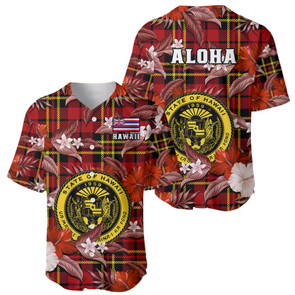 Hawaii State Baseball Jersey Tropical Flowers Mix Tartan Red Version