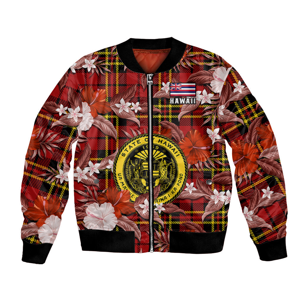 Hawaii State Bomber Jacket Tropical Flowers Mix Tartan Red Version