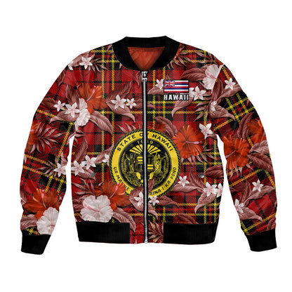 Hawaii State Bomber Jacket Tropical Flowers Mix Tartan Red Version