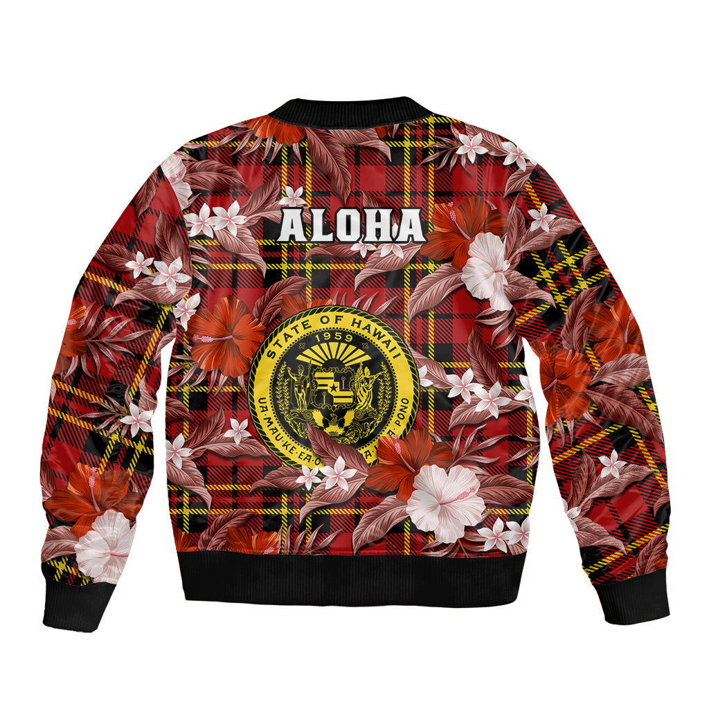 Hawaii State Bomber Jacket Tropical Flowers Mix Tartan Red Version