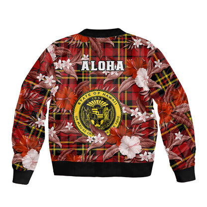 Hawaii State Bomber Jacket Tropical Flowers Mix Tartan Red Version