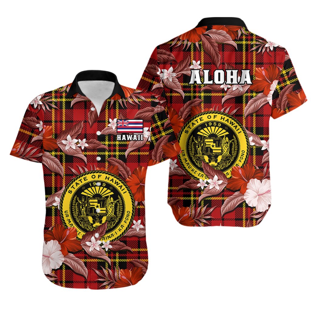Hawaii State Hawaiian Shirt Tropical Flowers Mix Tartan Red Version