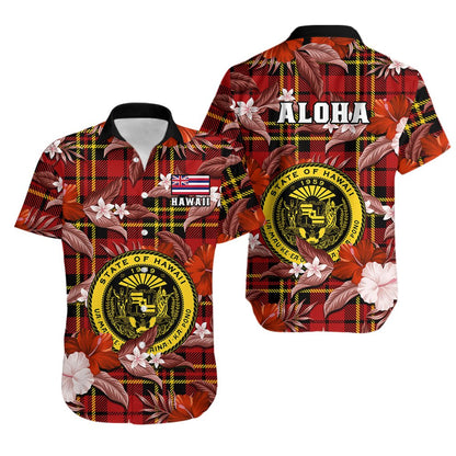 Hawaii State Hawaiian Shirt Tropical Flowers Mix Tartan Red Version