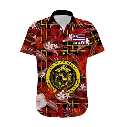 Hawaii State Hawaiian Shirt Tropical Flowers Mix Tartan Red Version