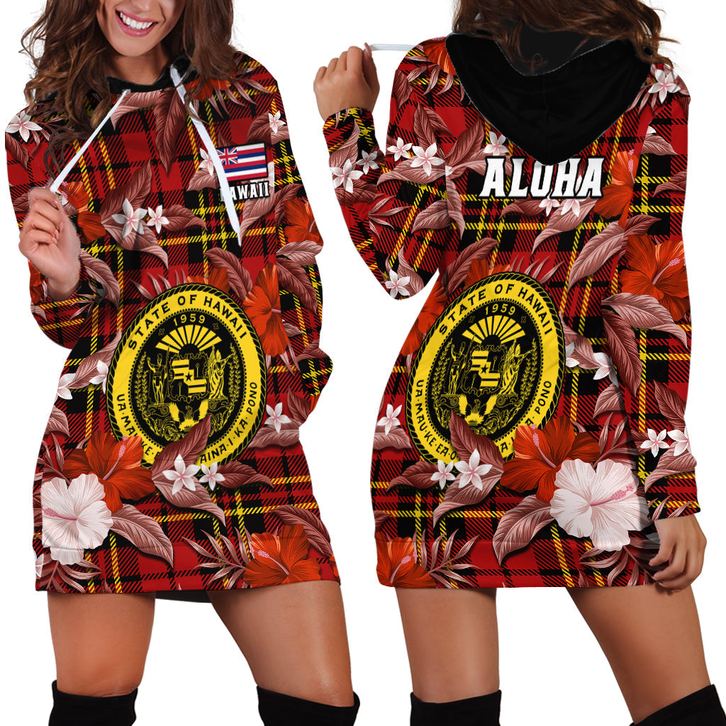 Hawaii State Hoodie Dress Tropical Flowers Mix Tartan Red Version
