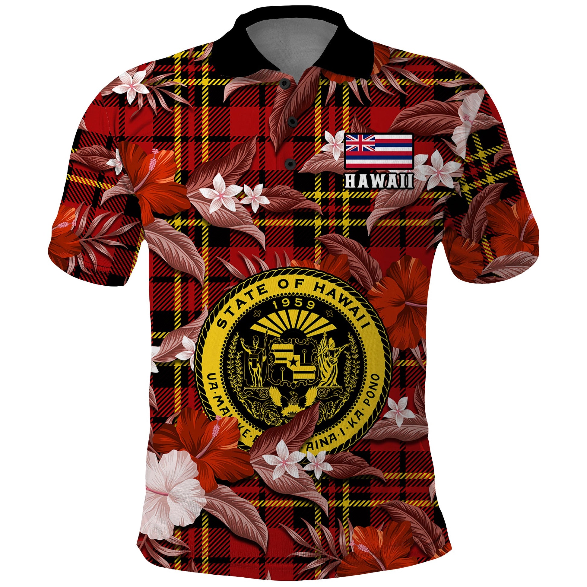 Hawaii State Polo Shirt Tropical Flowers Mix Tartan Red Version