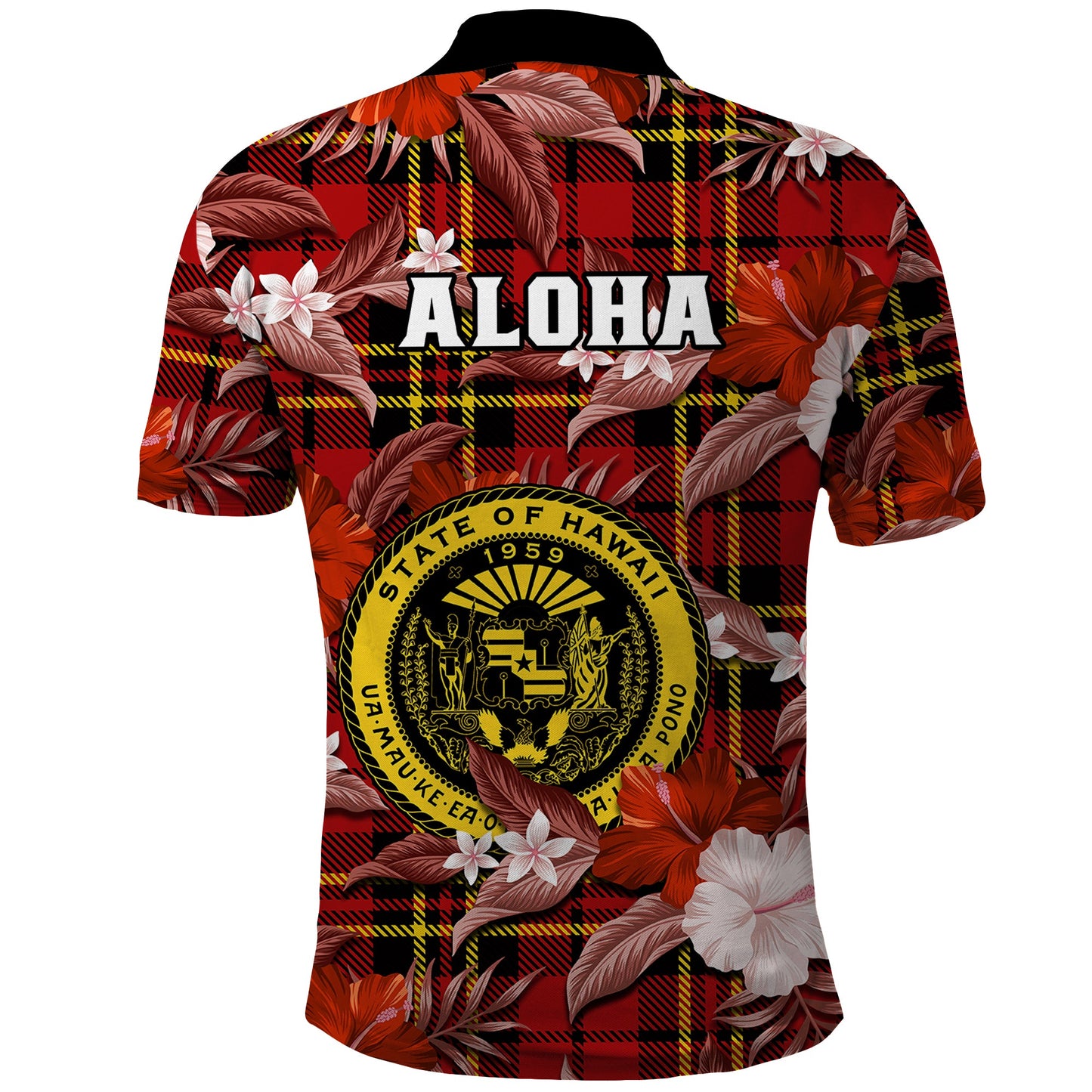 Hawaii State Polo Shirt Tropical Flowers Mix Tartan Red Version