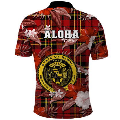 Hawaii State Polo Shirt Tropical Flowers Mix Tartan Red Version
