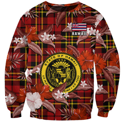 Hawaii State Sweatshirt Tropical Flowers Mix Tartan Red Version