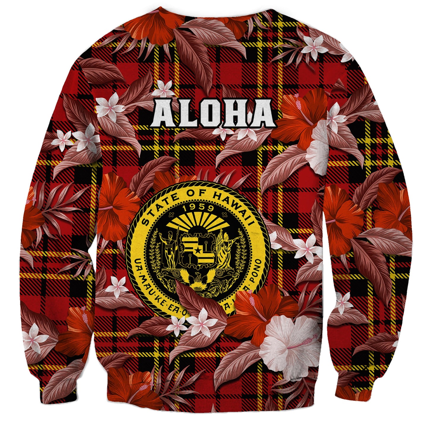 Hawaii State Sweatshirt Tropical Flowers Mix Tartan Red Version