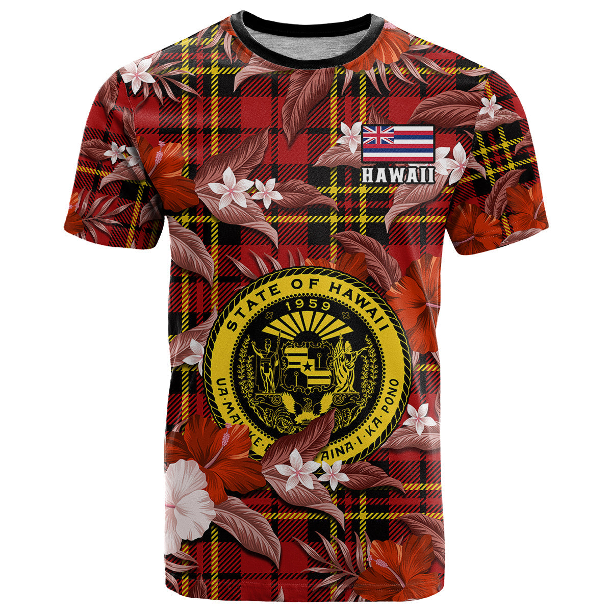 Hawaii State T Shirt Tropical Flowers Mix Tartan Red Version