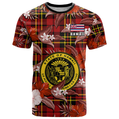 Hawaii State T Shirt Tropical Flowers Mix Tartan Red Version